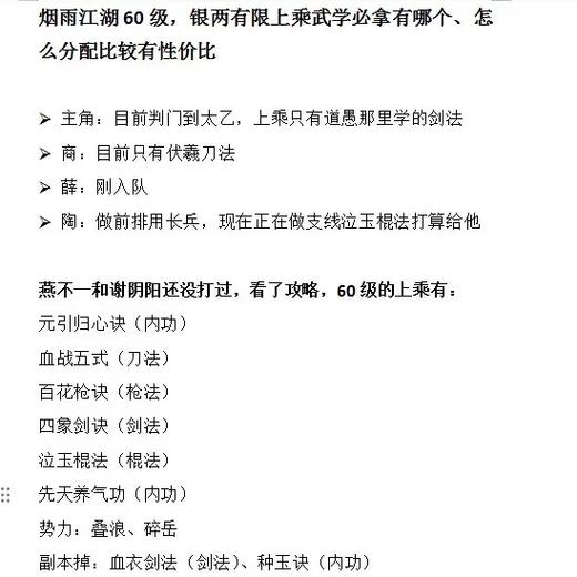 烟雨江湖六十级攻略